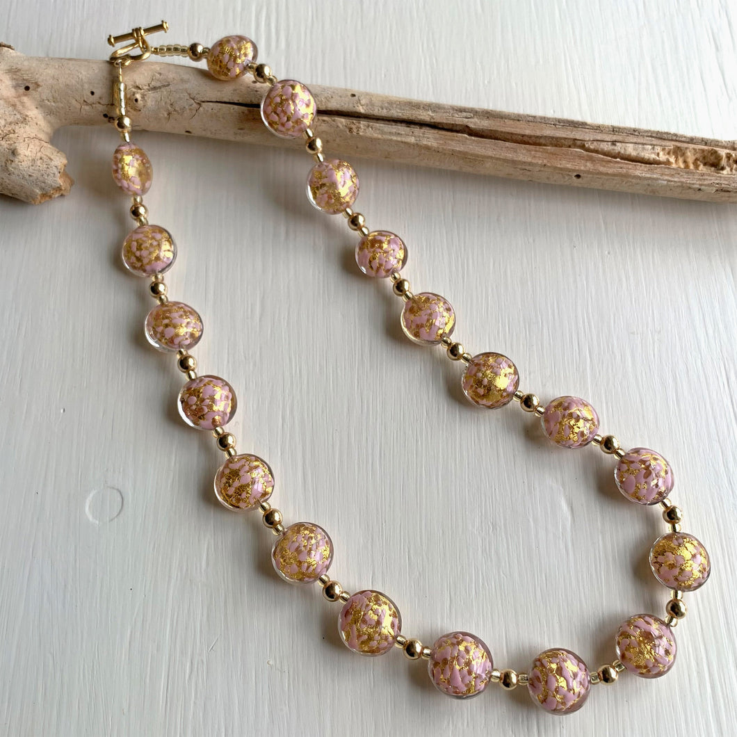 Necklace with pink pastel dust aventurine dust gold Murano glass small lentil beads on gold