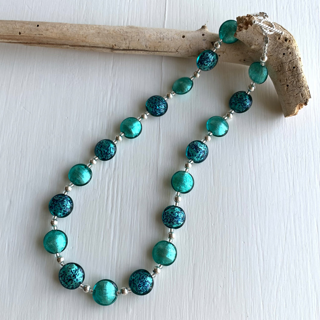 Necklace with teal (green, jade) and teal with dark blue dust Murano glass small lentil beads