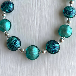 Necklace with teal (green, jade) and teal with dark blue dust Murano glass small lentil beads