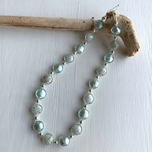 Necklace with aquamarine (blue) and aqua pastel with aventurine dust Murano glass small lentil beads on silver