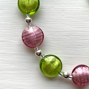 Necklace with rose pink and light green Murano glass small lentil beads on silver