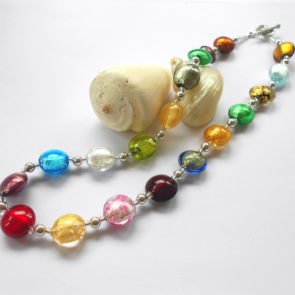 Necklace with multicolours Murano glass small lentil beads on silver