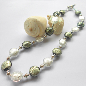 Necklace with grey and clear crystal Murano glass small lentil beads on silver