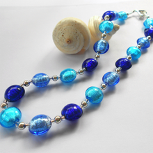 Necklace with three shades of blue Murano glass small lentil beads on silver
