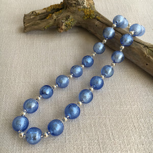 Necklace with cornflower blue Murano glass small sphere beads on silver