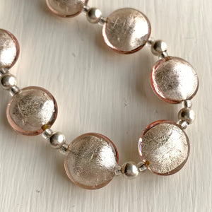 Necklace with champagne (peach, pink) Murano glass small lentil beads on silver