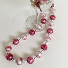 Necklace with rose pink and candy stripe pink Murano glass small sphere beads on silver