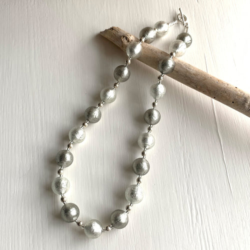 Necklace with grey and clear crystal Murano glass small sphere beads on silver