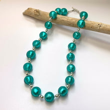 Necklace with teal (green, jade) Murano glass small sphere beads on silver
