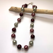 Necklace with light, dark amethyst (purple), grey Murano glass small sphere beads on silver