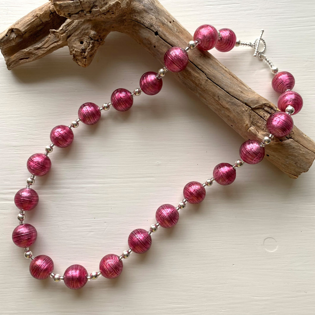 Necklace with rose pink (cerise) Murano glass small sphere beads on silver