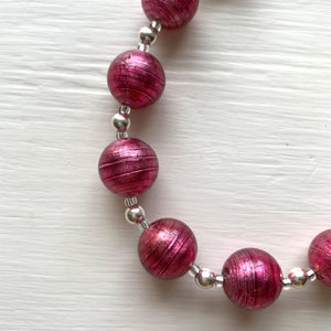 Necklace with rose pink (cerise) Murano glass small sphere beads on silver