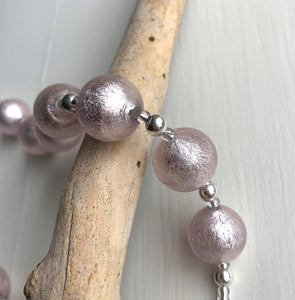 Necklace with light (pale) pink Murano glass small sphere beads on silver beads and clasp