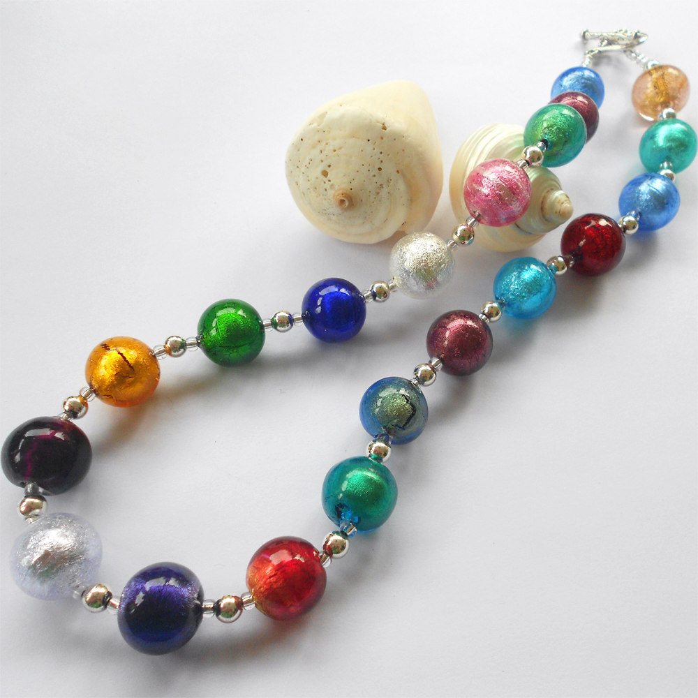 Necklace with multicolours Murano glass small sphere beads on silver