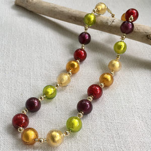 Necklace with five colours Murano glass small sphere beads on gold