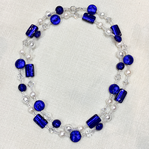 Necklace dark blue (cobalt) and crystal Murano glass beads in flapper style *other colours*