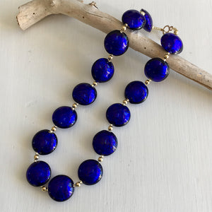 Necklace with dark blue (cobalt) Murano glass large lentil beads on gold