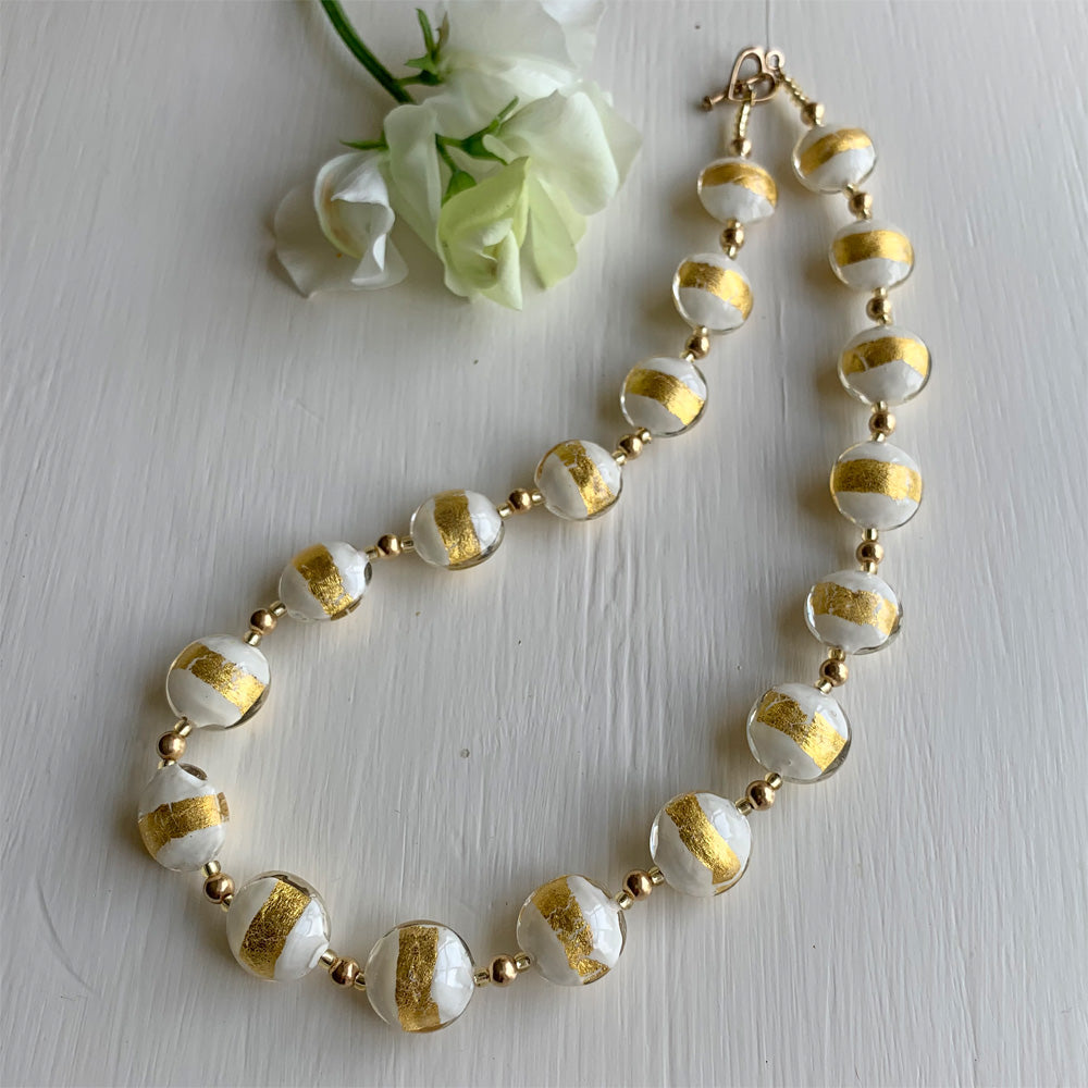 Necklace with white pastel and gold Murano glass medium lentil beads on gold