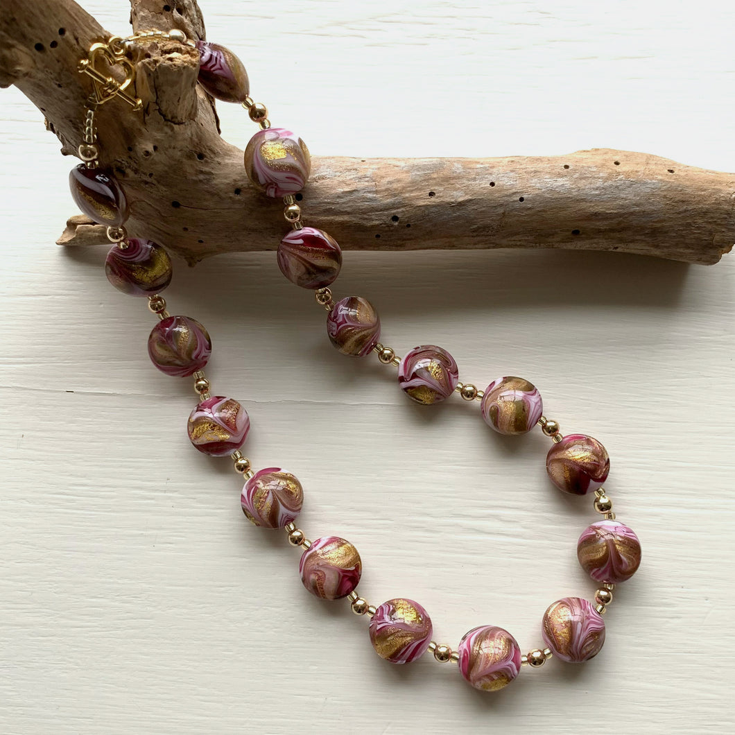 Necklace with byzantine pink and gold Murano glass medium lentil beads on gold