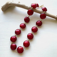 Necklace with red Murano glass large lentil beads on gold