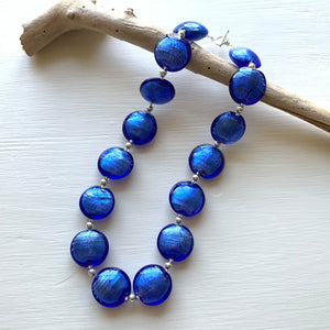 Necklace with cornflower blue Murano glass large lentil beads on silver