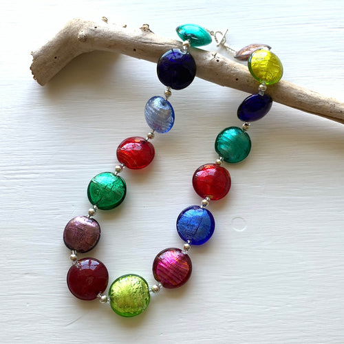 Necklace with multicolours Murano glass large lentil beads on silver