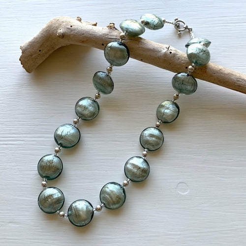 Necklace with grey Murano glass medium lentil beads on silver