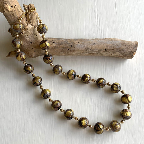 Necklace with byzantine grey and gold Murano glass sphere beads on gold