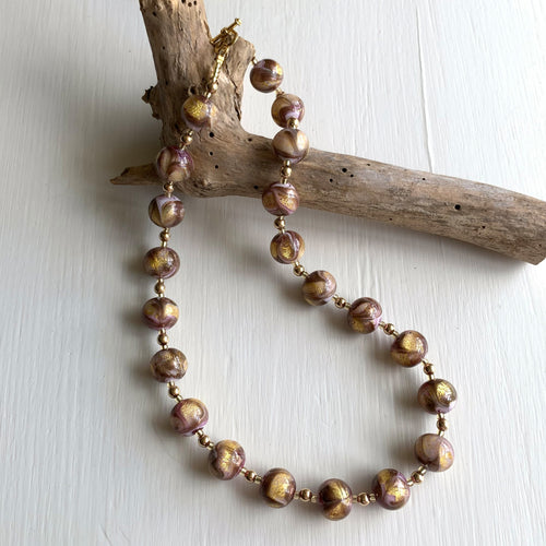 Necklace with byzantine pink (purple) and gold Murano glass sphere beads on gold