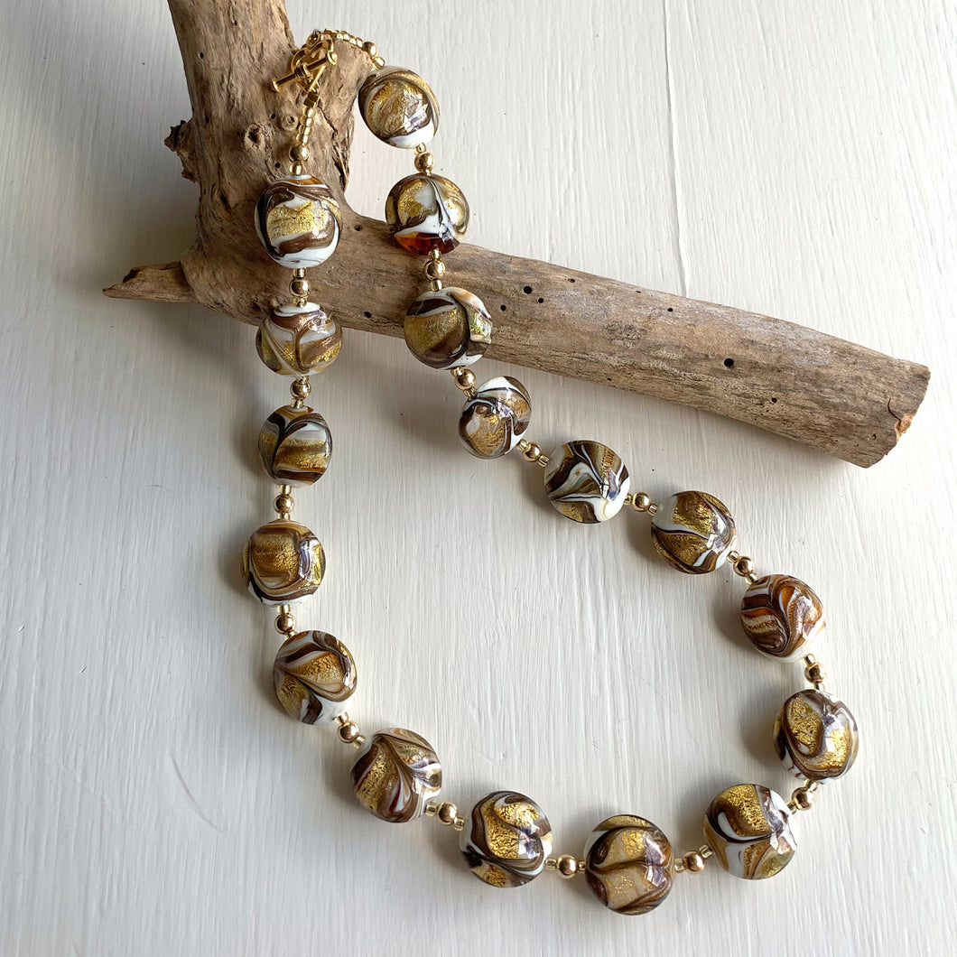 Necklace with byzantine ivory (white) and gold Murano glass medium lentil beads on gold