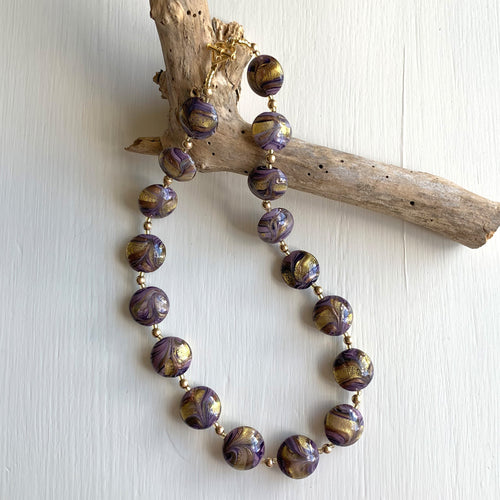Necklace with byzantine purple and gold Murano glass medium lentil beads on gold