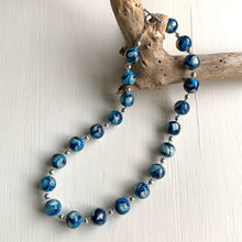 Necklace with byzantine blue pastel and white gold Murano glass sphere beads on silver