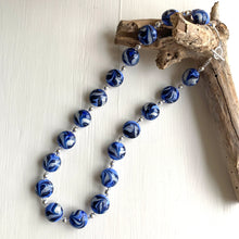 Necklace with byzantine periwinkle, dark blue and white gold Murano glass medium lentil beads