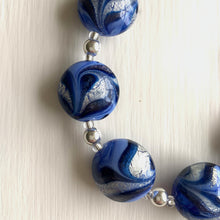 Necklace with byzantine periwinkle, dark blue and white gold Murano glass medium lentil beads