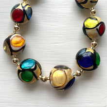 Necklace with multicolours, black and gold Murano glass large lentil beads on gold