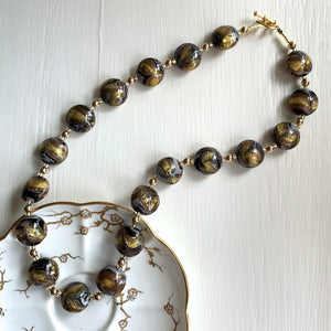 Necklace with byzantine grey and gold Murano glass medium lentil beads on gold
