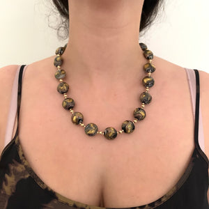 Necklace with byzantine grey and gold Murano glass medium lentil beads on gold