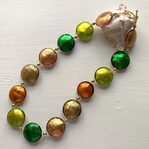 Necklace with multicolours (brown, green, grey) Murano glass large lentil beads on gold