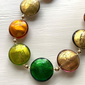 Necklace with multicolours (brown, green, grey) Murano glass large lentil beads on gold