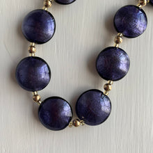 Necklace with purple velvet Murano glass medium lentil beads on gold