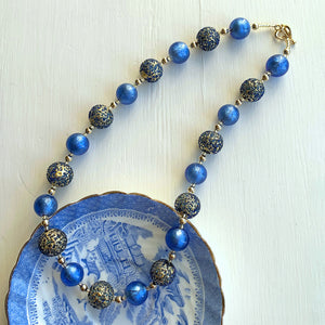 Necklace with speckled cornflower blue and cornflower blue Murano glass sphere beads