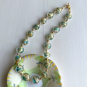 Necklace with turquoise (blue), white and gold Murano glass medium lentil beads on gold
