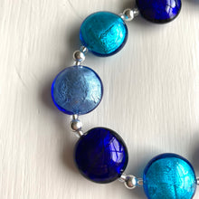 Necklace with three shades of blue Murano glass medium lentil beads on silver
