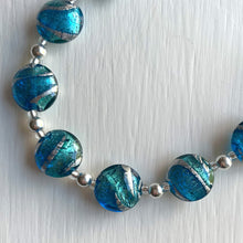 Necklace with turquoise (blue) and teal swirl over white gold Murano glass small lentil beads on silver