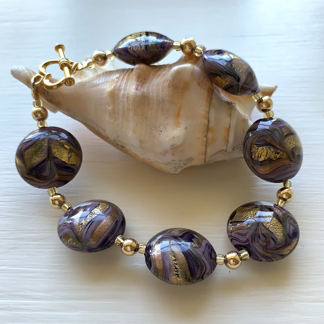 Bracelet with byzantine purple and gold Murano glass medium lentil beads on gold