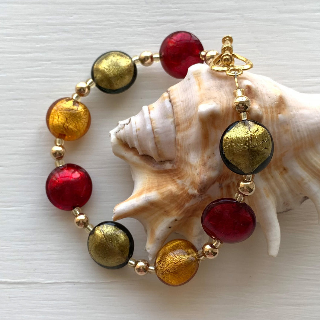 Bracelet with gold topaz (amber, brown), grey, red Murano glass small lentil beads on gold